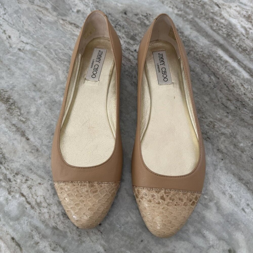 Jimmy Choo Nude Leather & Python Cap Toe Ballet Flats Neutral Size EU 37.5